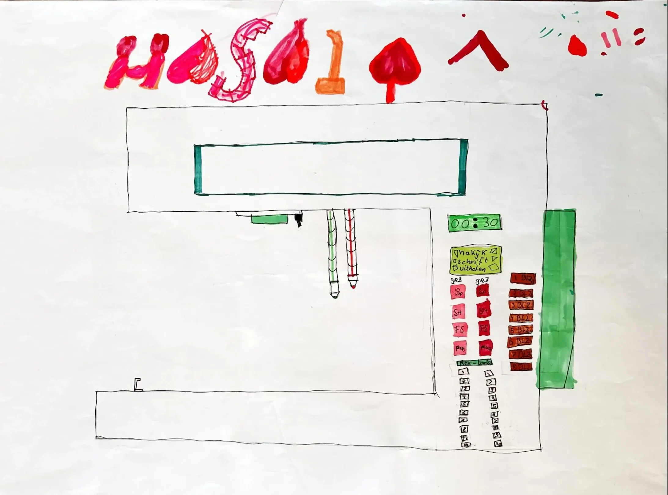 Sewing machine-like device to mark tests, with pencils in the spot of the needle (English: 'the Grading Machine')