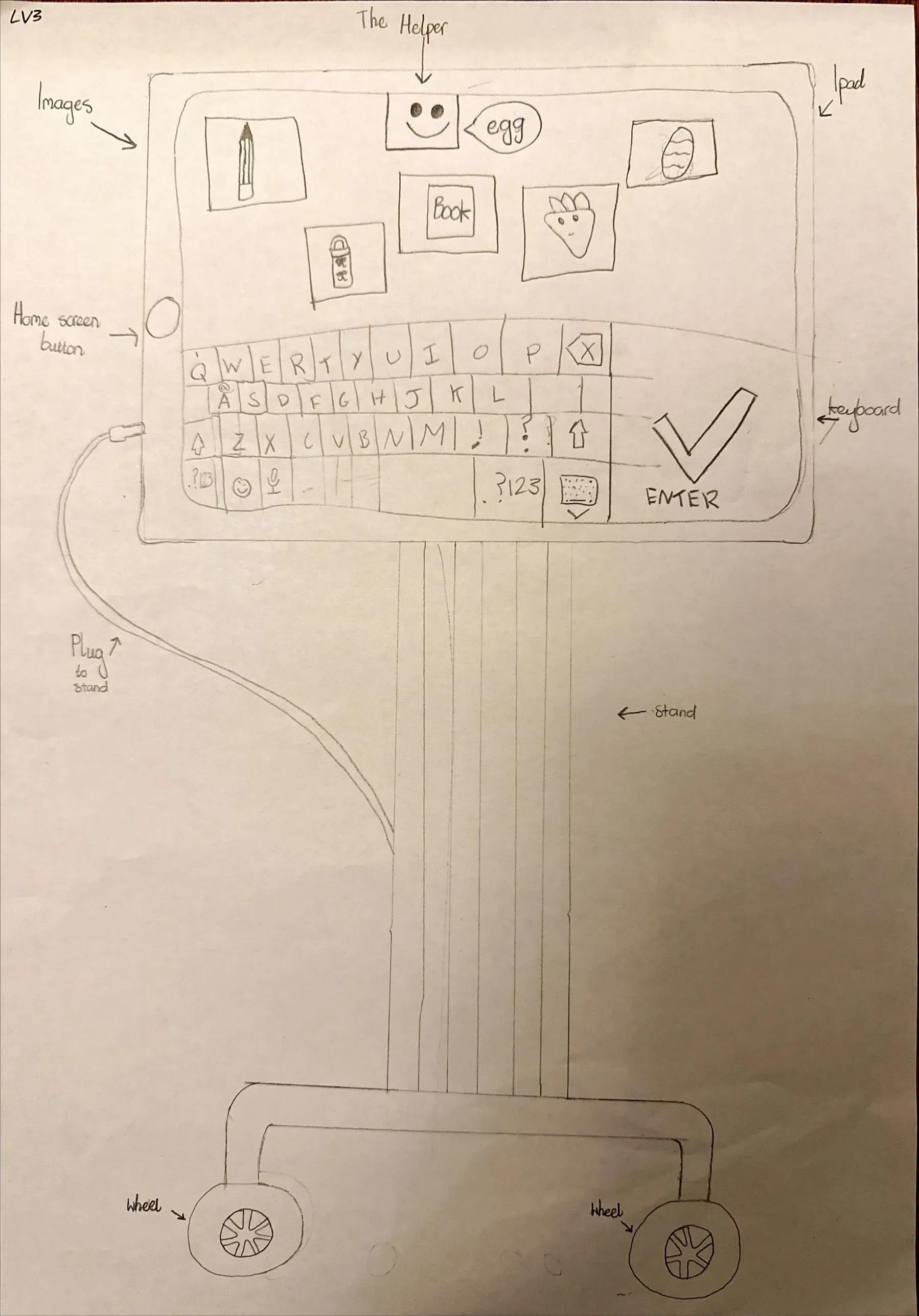 A tablet on wheels with spelling games, such as typing out the name of an image on the screen