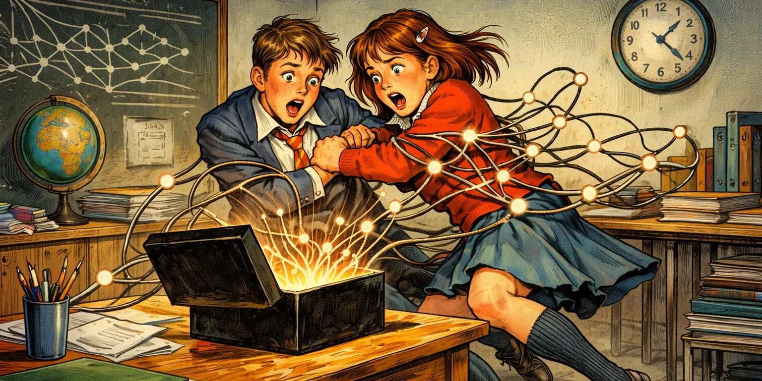 An AI-generated image in the style of vintage adventure cover books of two children being sucked into a black box by what looks like a neural net